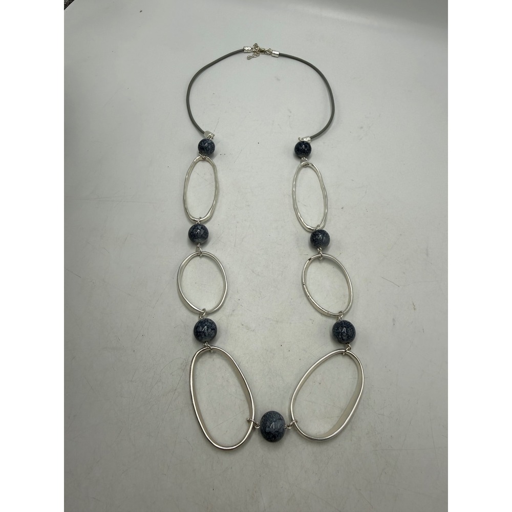 Silver Tone Hammered Oval Link Statement Necklace Blue Marble Beads Grey Cord